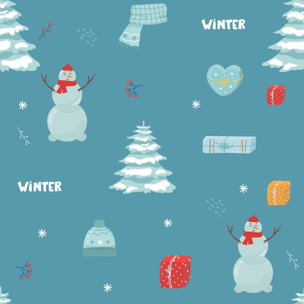 Navidad de patrones sin fisuras con muñeco de nieve, abeto de regalos, plano, vector, perfecto para papel tapiz, papel de regalo, rellenos de patrón, saludos de invierno, fondo de página web, tarjetas de felicitación de año nuevo de Navidad vector