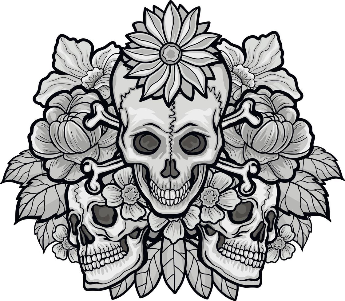 cartel gótico con calavera y flores, camisetas de diseño vintage grunge vector