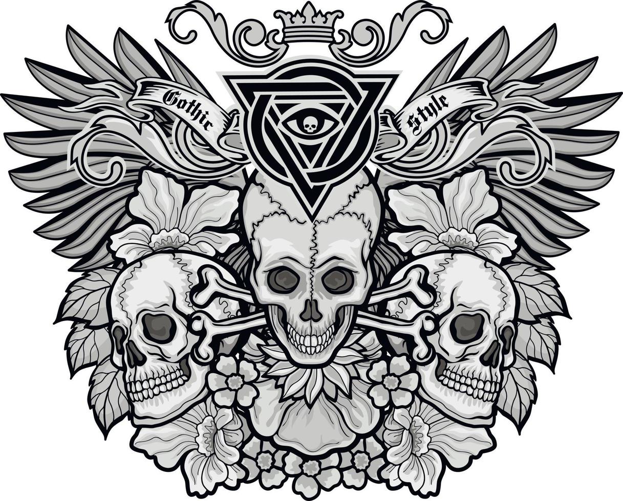 Gothic sign with skull and flowers, grunge vintage design t shirts vector