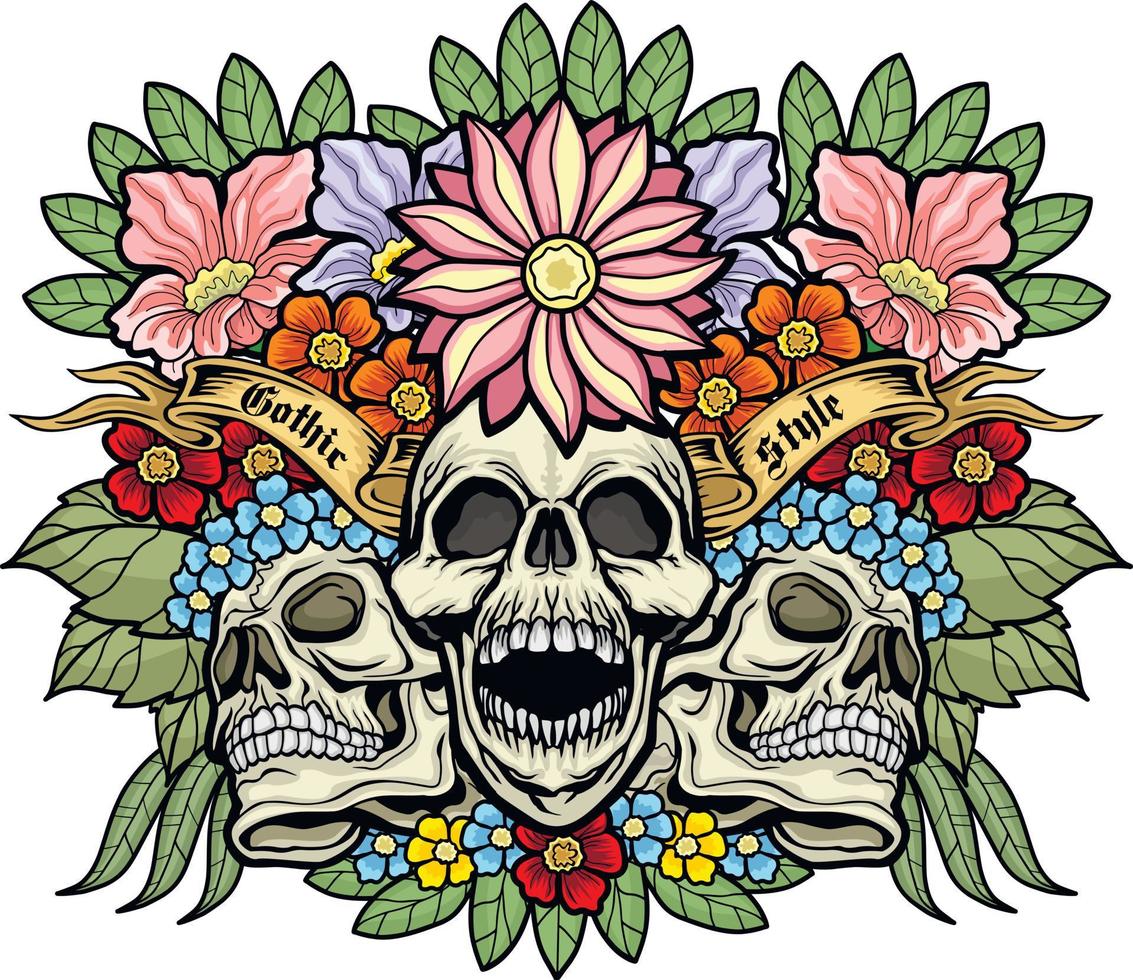 Gothic sign with skull and flowers, grunge vintage design t shirts vector