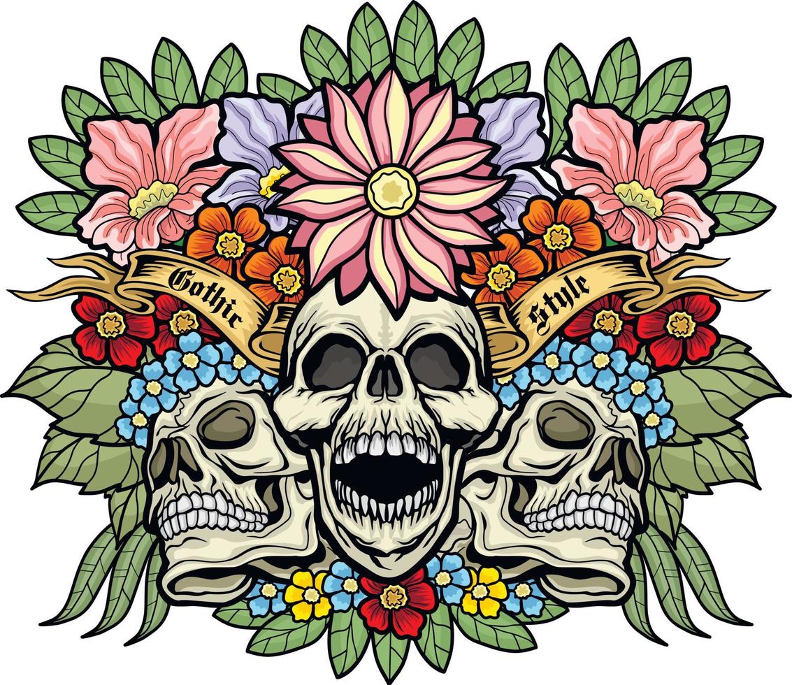 cartel gótico con calavera y flores, camisetas de diseño vintage grunge vector