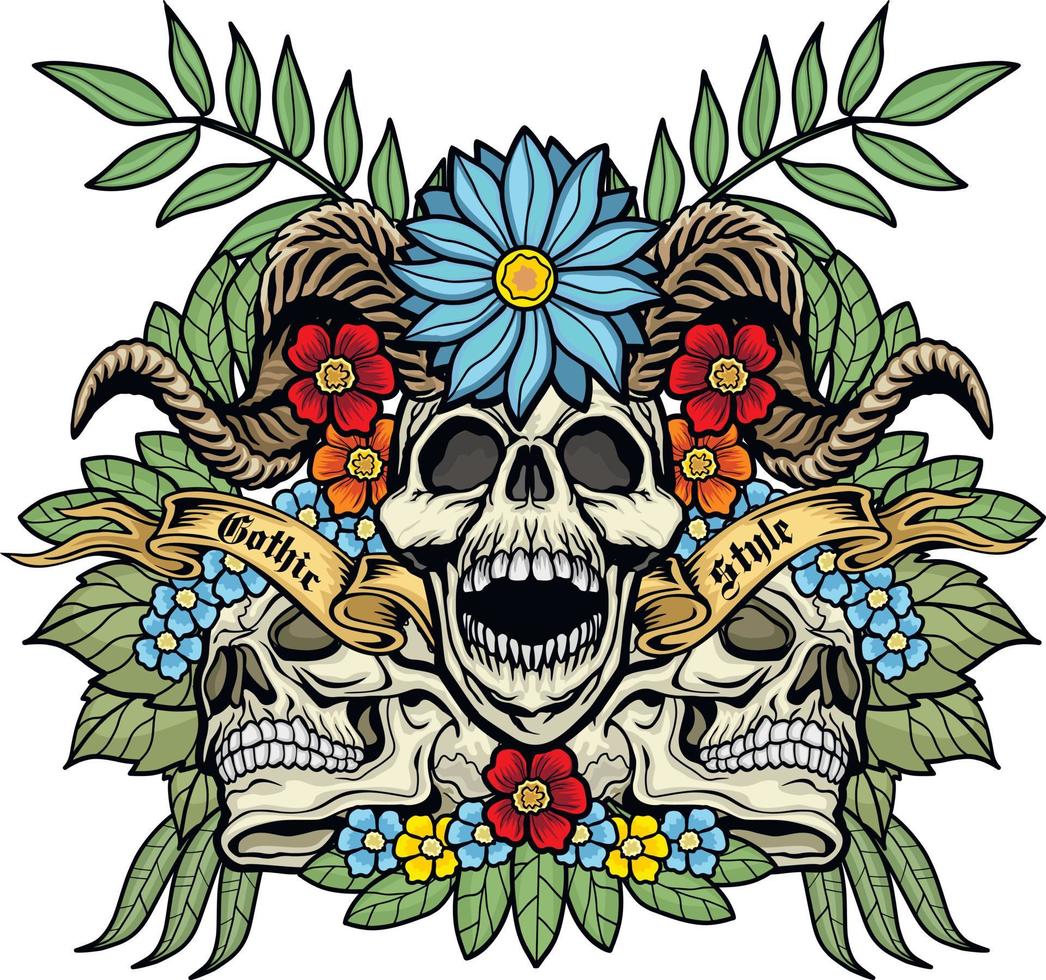 cartel gótico con calavera y flores, camisetas de diseño vintage grunge vector