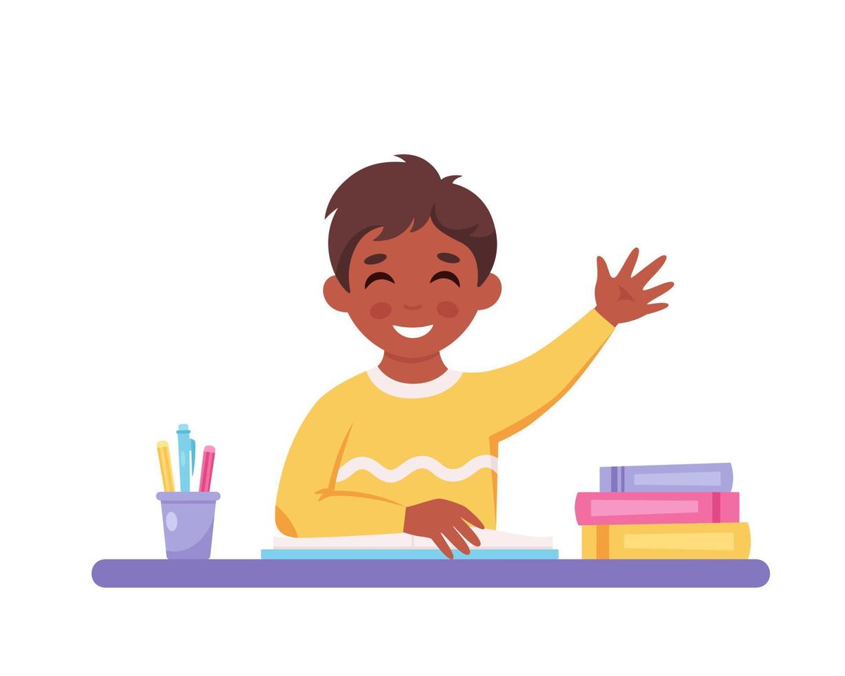 Boy raising hand to answer. Child sitting at a desk with school supplies vector