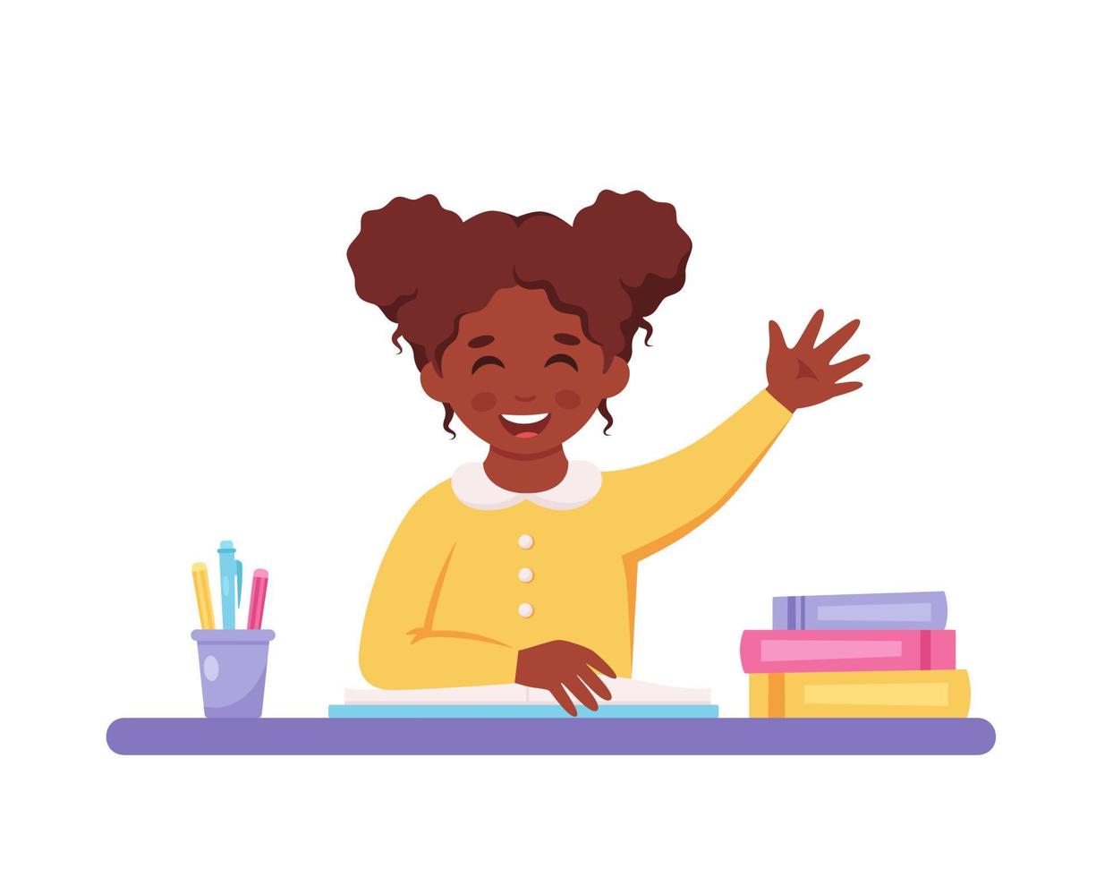 Girl raising hand to answer. Child sitting at a desk with school supplies vector