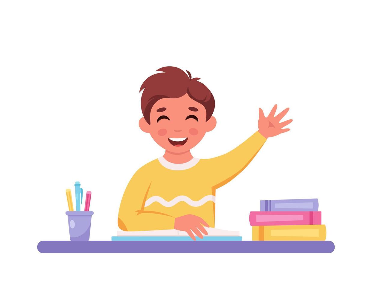 Boy raising hand to answer. Child sitting at a desk with school supplies. vector