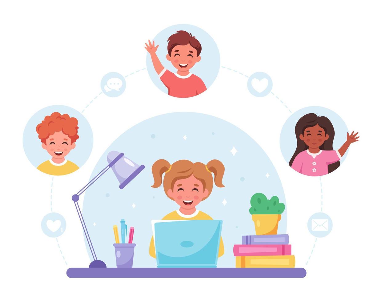 Children communicating online. Video call with friends, chatting online. Online studying vector