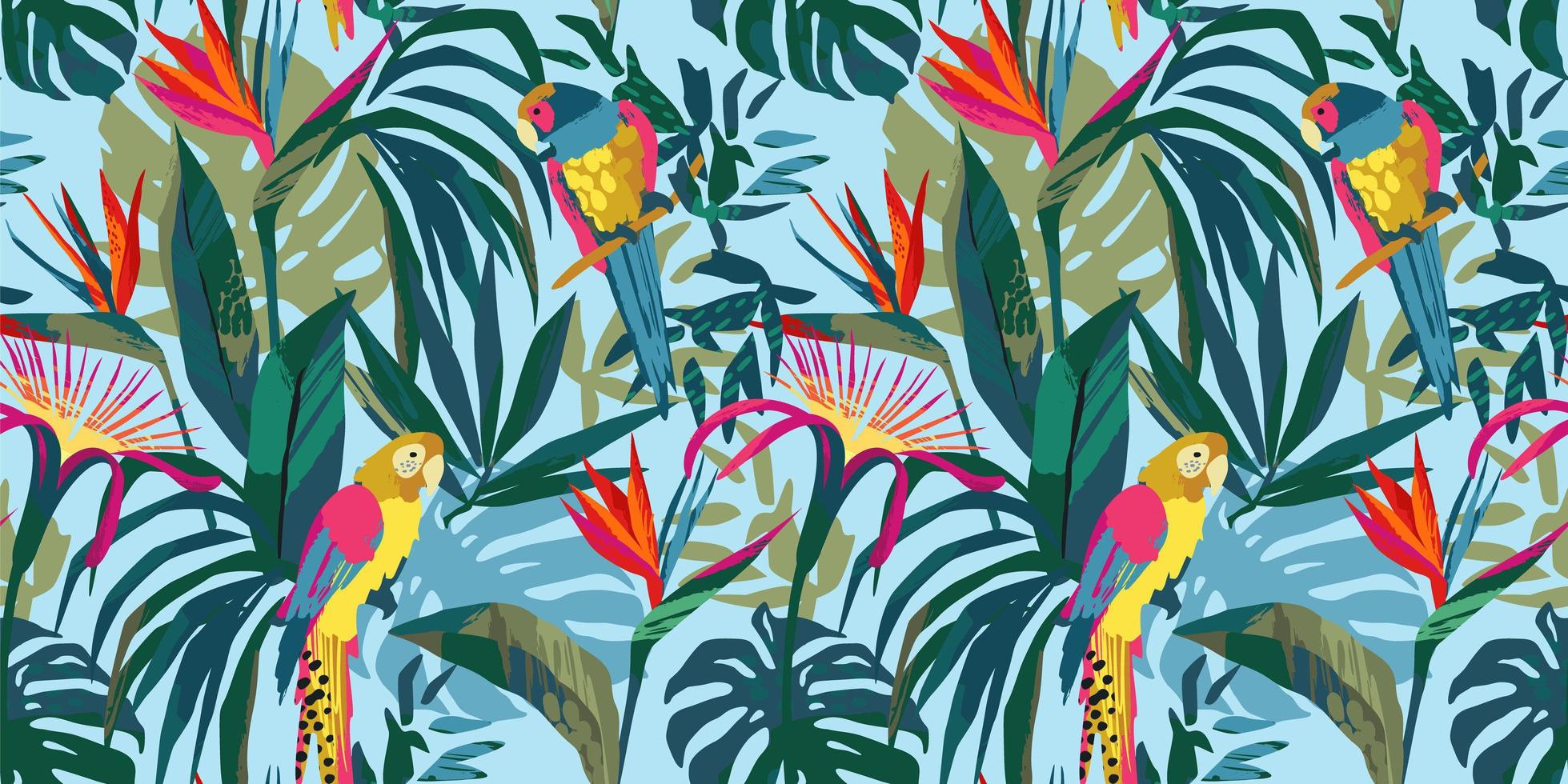Patrón transparente de arte abstracto con loros y plantas tropicales. diseño exótico moderno vector