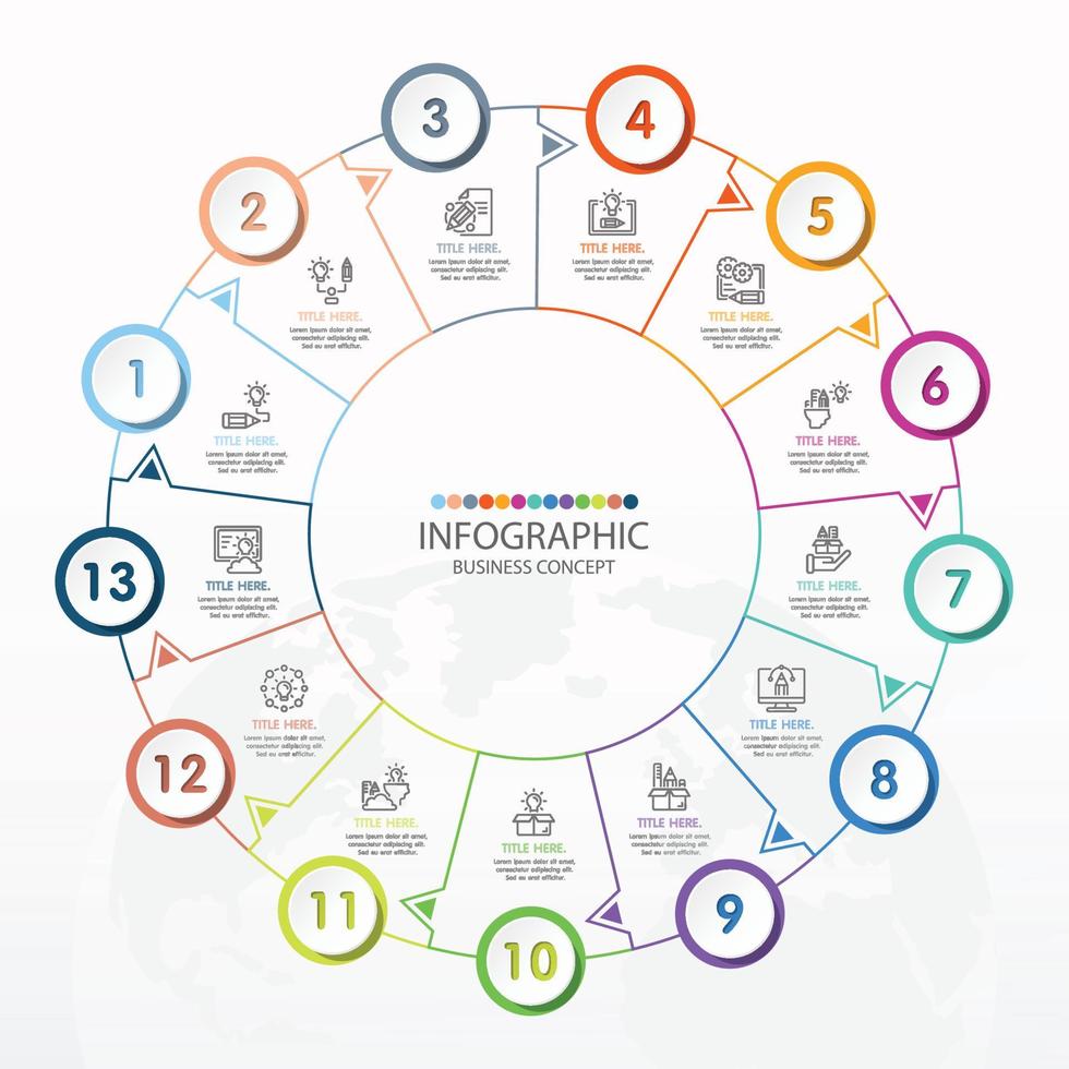 Basic circle infographic template with 13 steps. vector