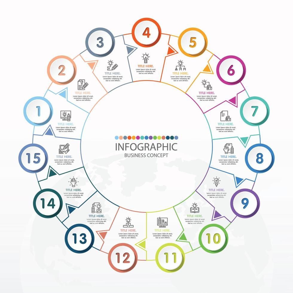 Plantilla de infografía de círculo básico con 15 pasos. vector