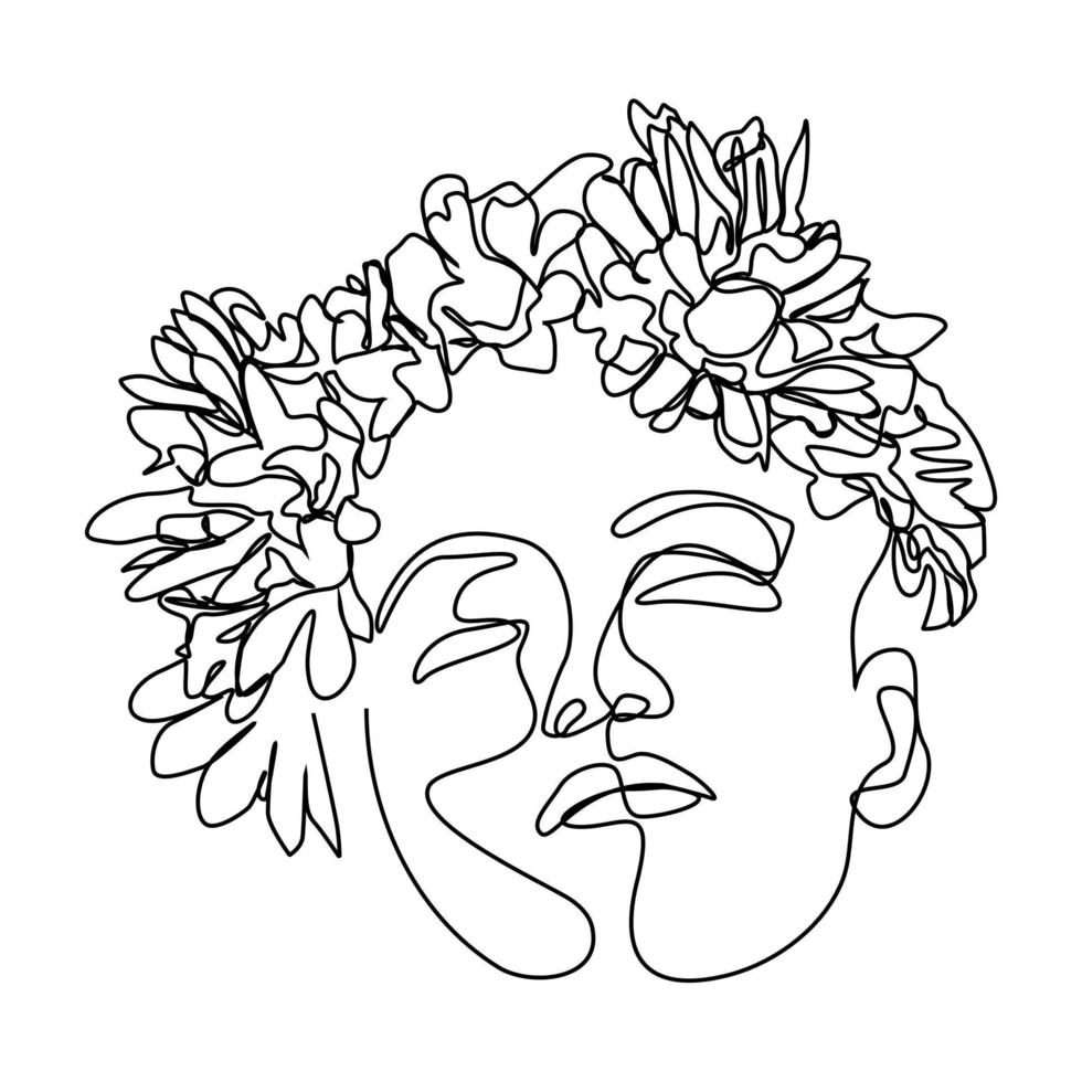 continuous line flower art on woman's face vector