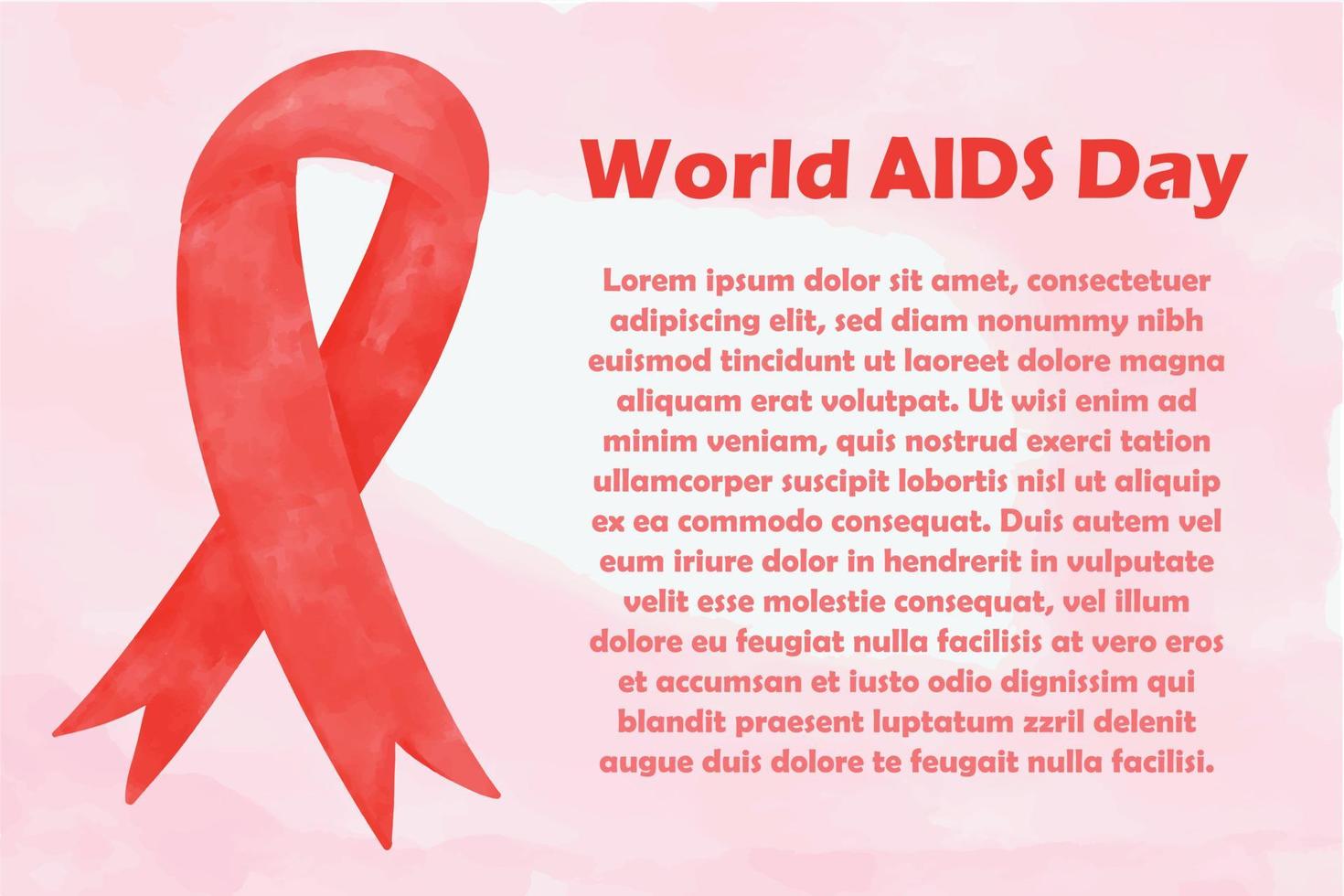 World AIDS HIV Day banner with delicate pink watercolor background, red ribbon watercolour textured. Copy space. vector
