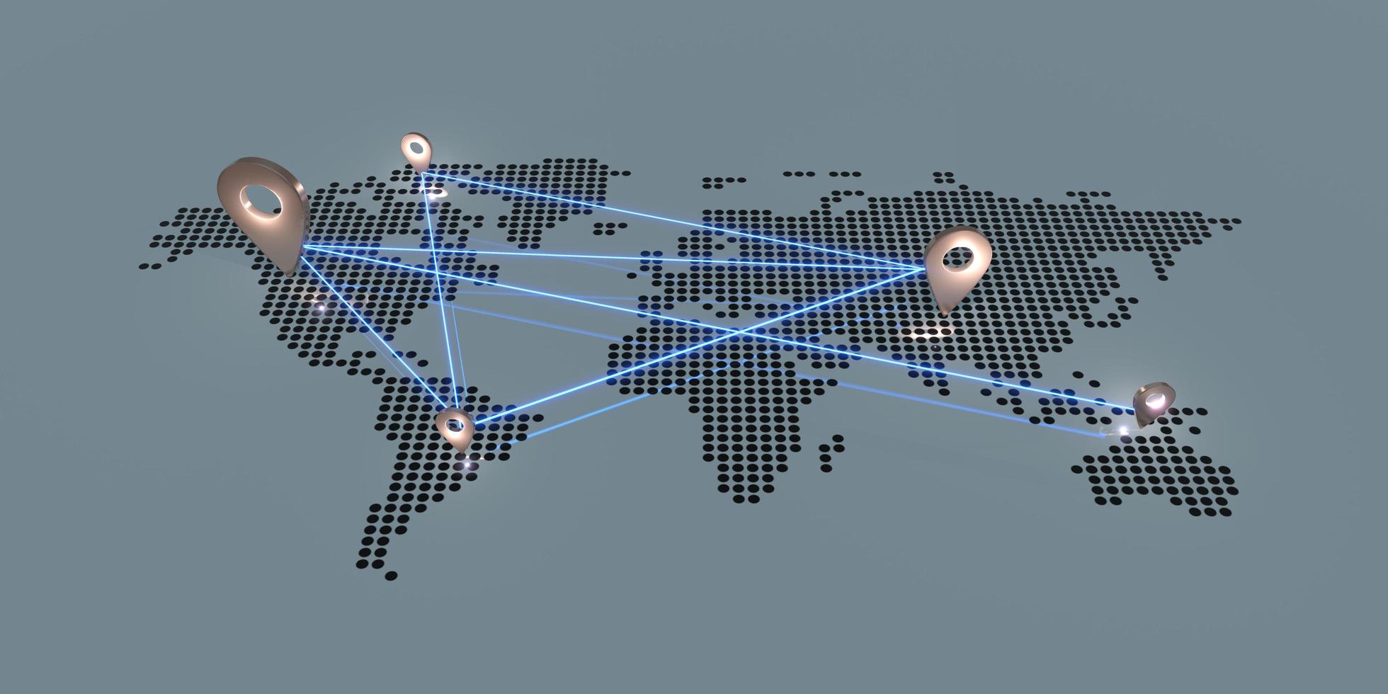 Pin en el mapa del mundo tonos oscuros y pines luminosos comunicación empresarial global ilustración 3d foto