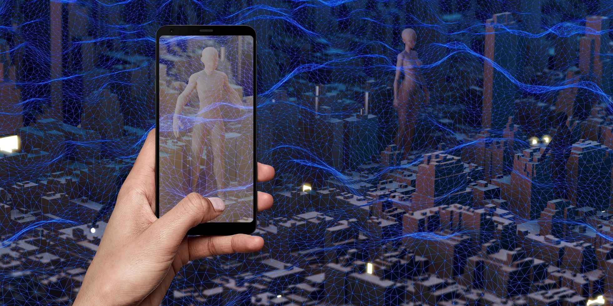 mundo metaverso en un teléfono inteligente que muestra una ciudad simulada en la pantalla personas en el mundo virtual ilustración 3d foto
