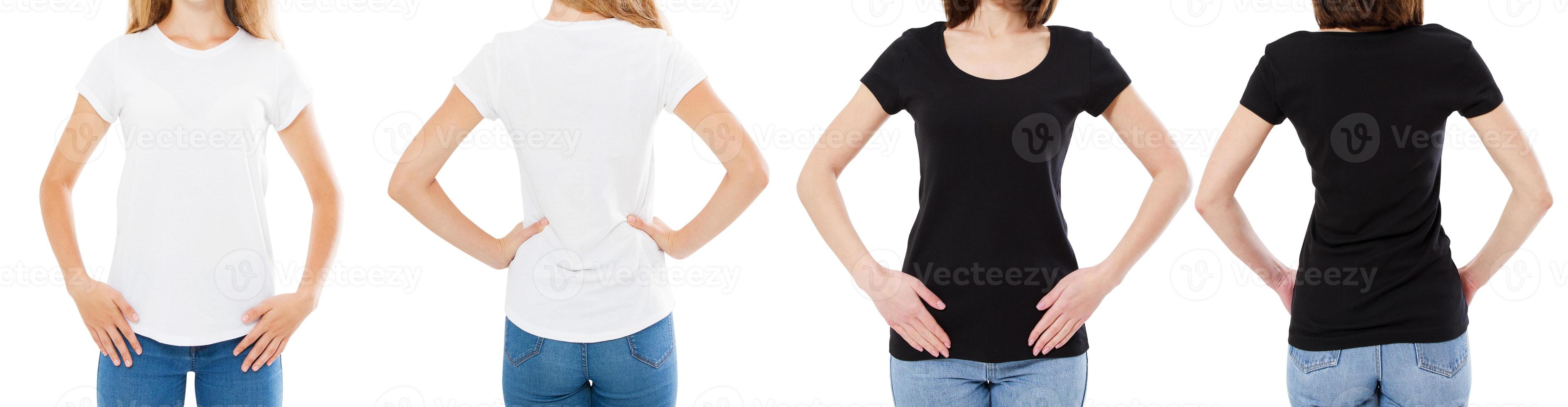 Woman In White And Black T Shirt Isolated Front And Rear Views Cropped image Blank T-shirt Options, Girl In Tshirt Set. Mock Up. Shirt Design And People Concept. photo