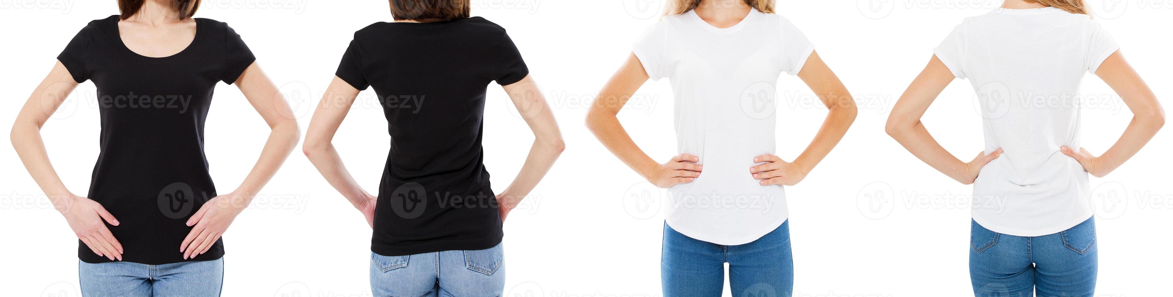 Woman In White And Black T Shirt Isolated Front And Rear Views Cropped image Blank T-shirt Options, Girl In Tshirt Set. Mock Up. Shirt Design And People Concept. photo