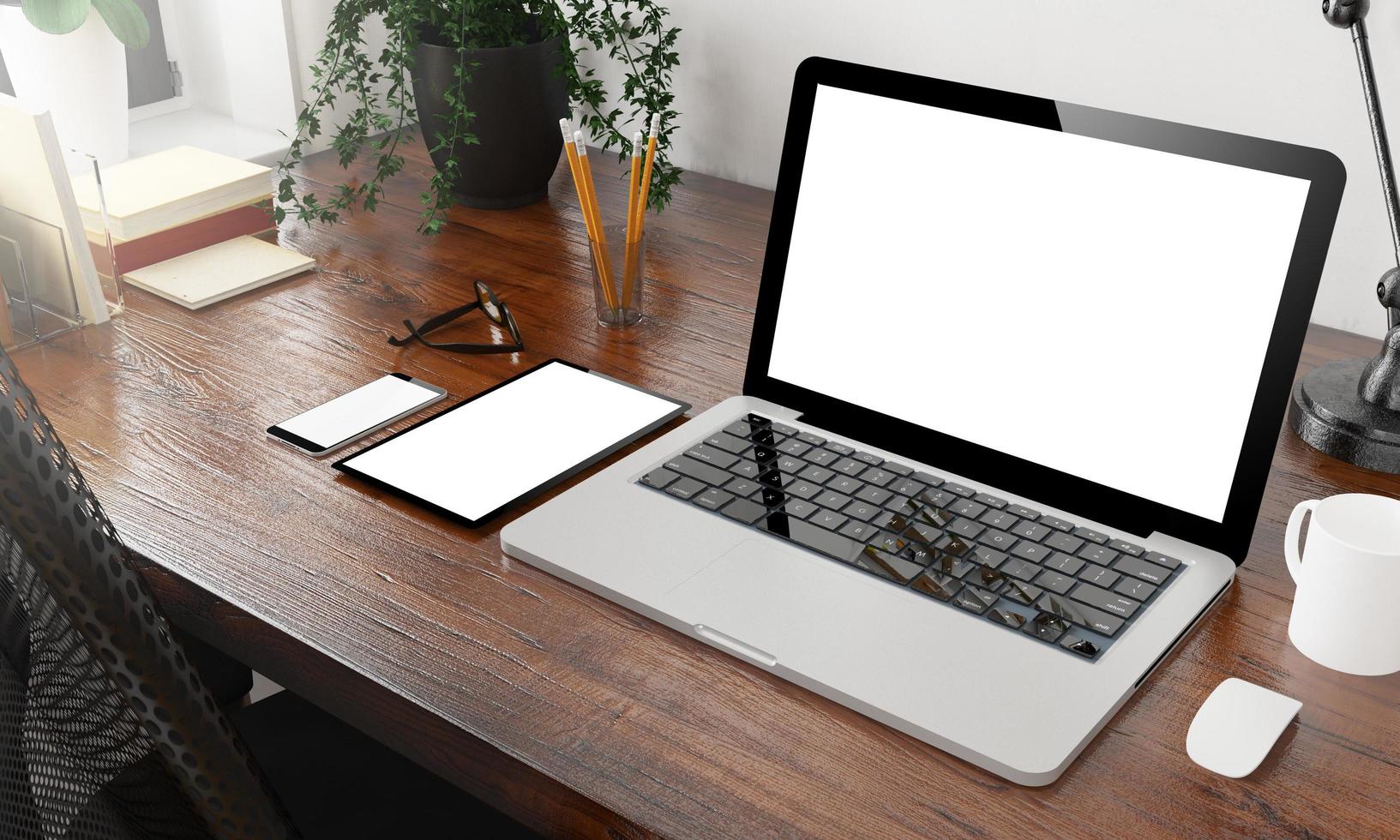 devices mockup on wooden desktop photo