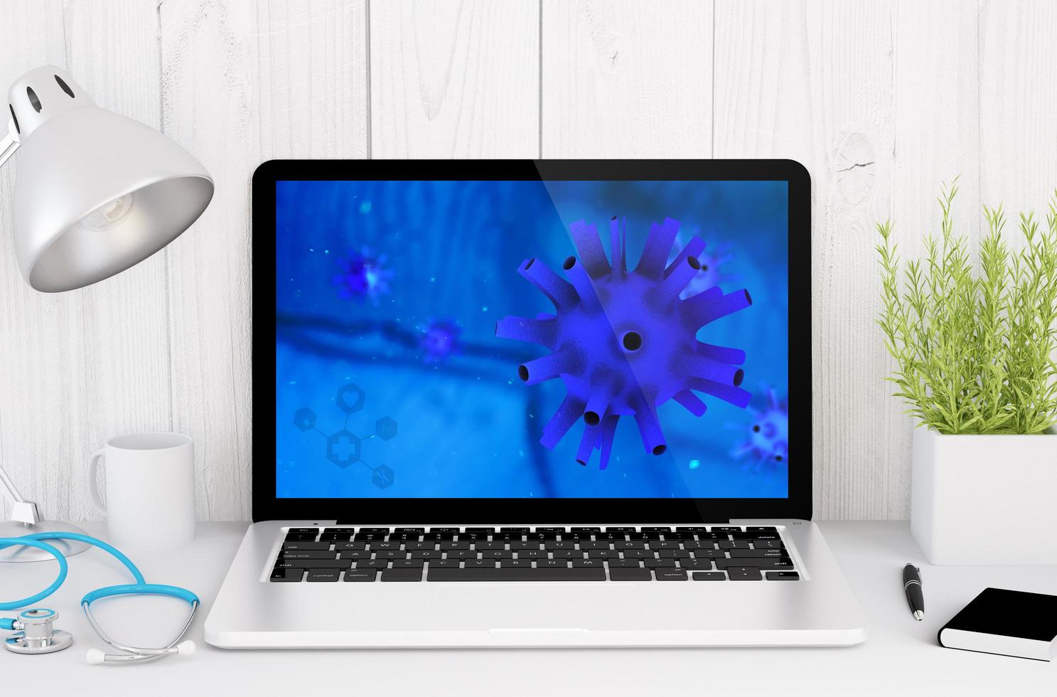 medical desktop computer with virus on screen photo