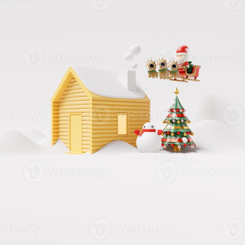 Plantilla de publicación de redes sociales de Navidad con casa en la nieve Ilustración de renderizado 3D foto