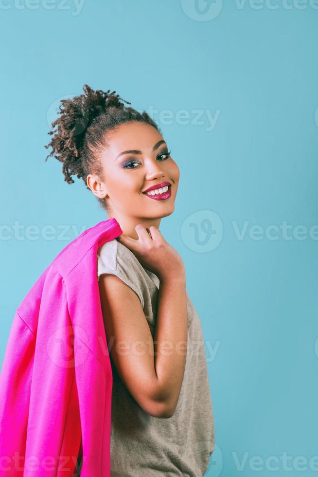 portrait of beautiful smiling young woman in pink blazer. Love, support, togetherness, care, diversity concept photo