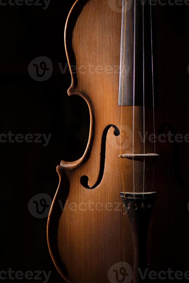 Detalle de violín artesanal sobre un fondo negro foto