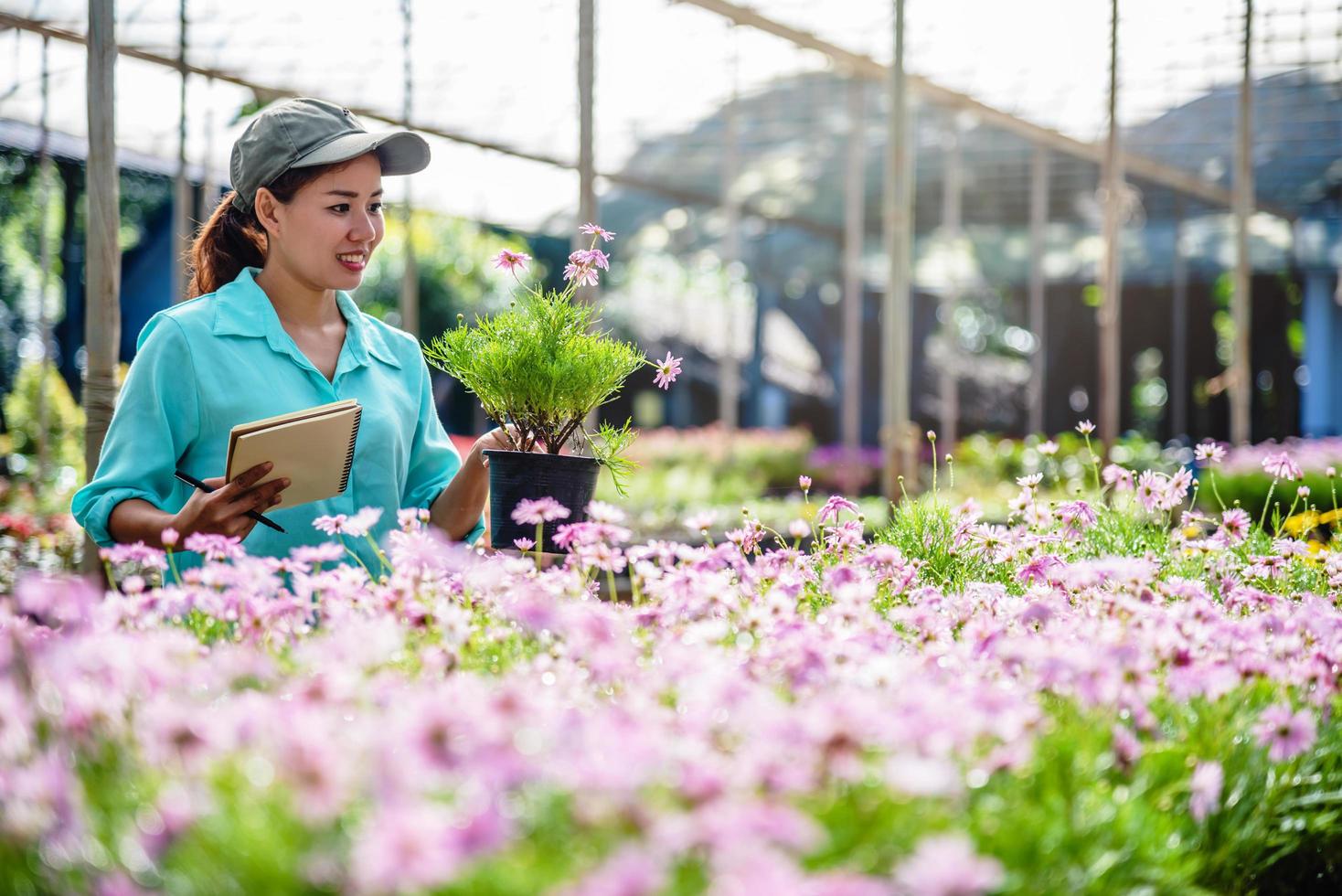 Happy young woman working in a greenhouse, writing notes and studying the growth of trees. photo