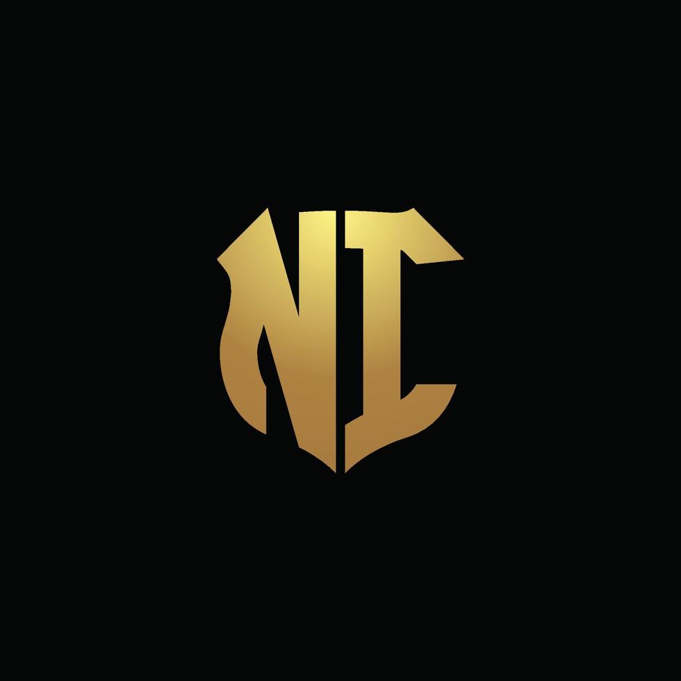 NI logo monogram with gold colors and shield shape design template vector