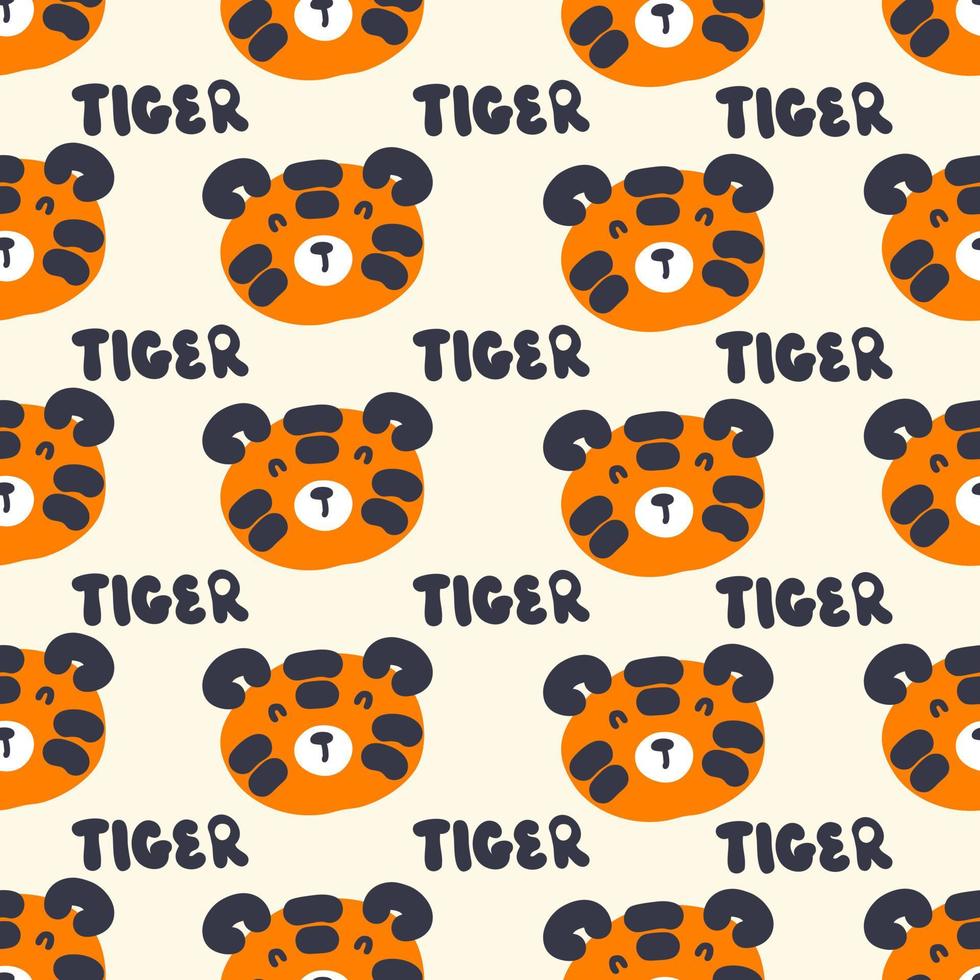 Hand drawn seamless pattern with tiger faces and text TIGER. vector