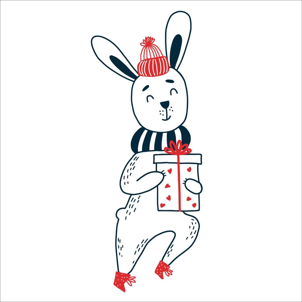 Hare in winter clothes with gift. Vector illustration