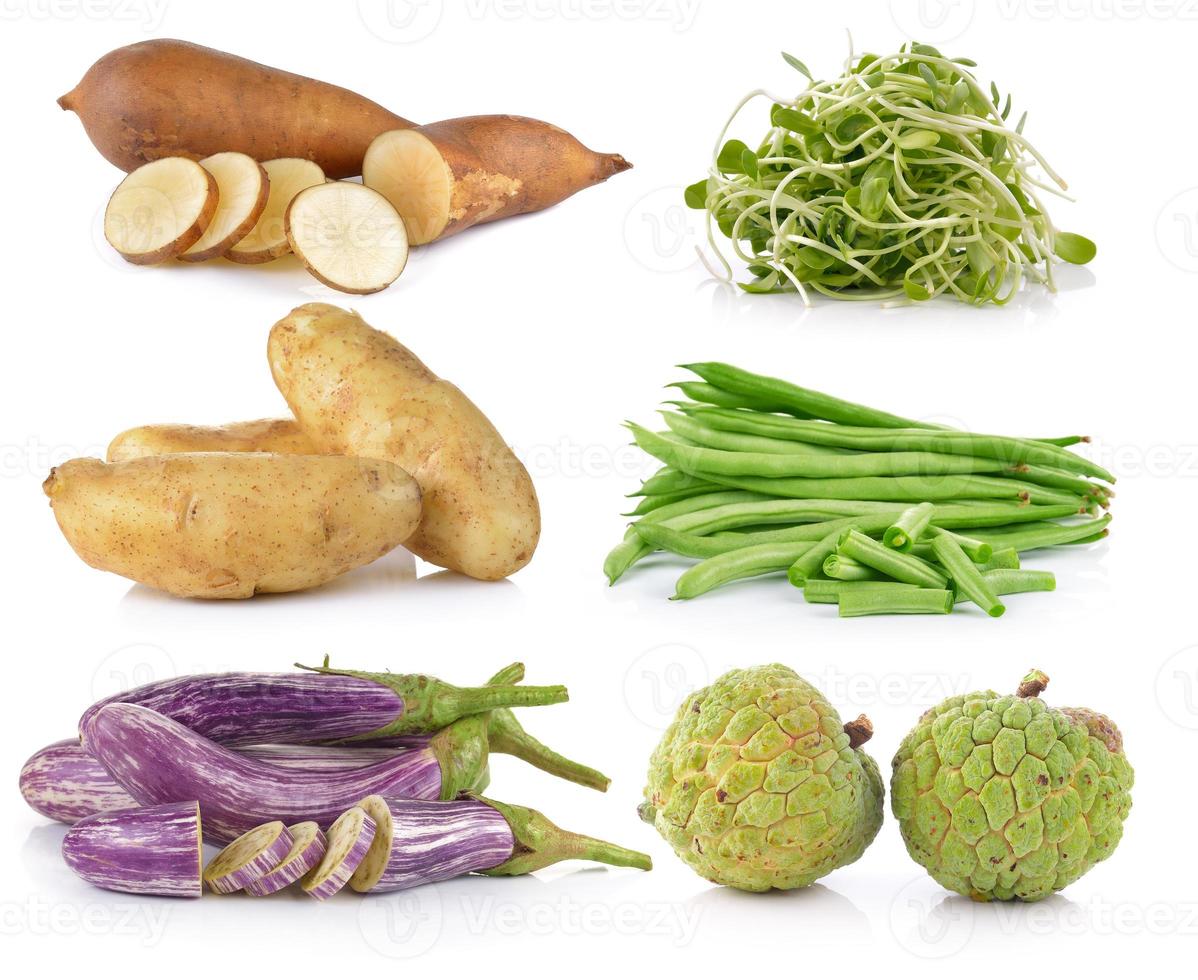 eggplant, potato, custard apple, Green beans, young sunflower, smallanthus sonchifolius on white background photo