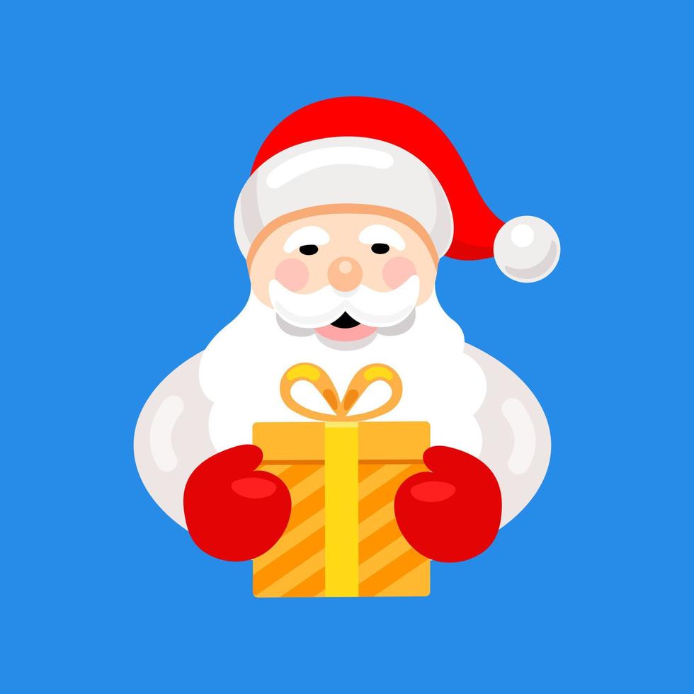 santa claus con una caja de regalo. ilustración vectorial plana sobre fondo azul vector