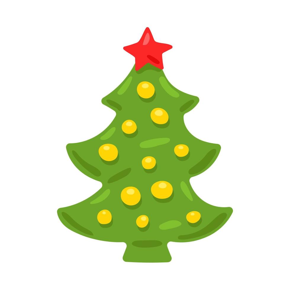 Christmas green tree with yellow balls and a red star. Vector illustration isolated on white background.