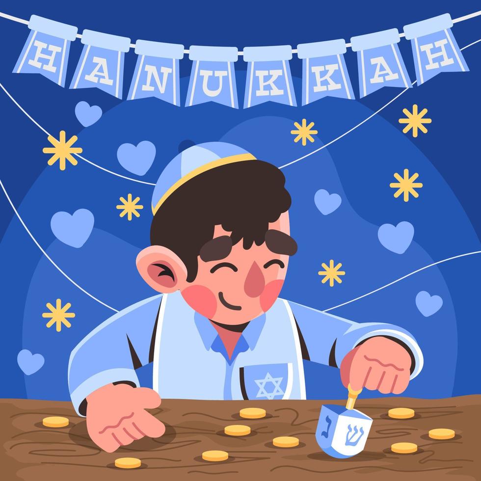 niño juega dreidel en el día de hanukkah vector