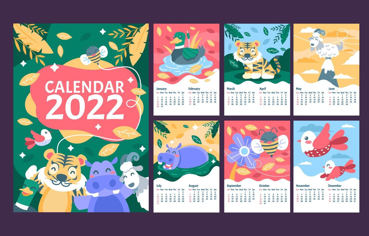 Calendario animal lindo y colorido 2022 vector
