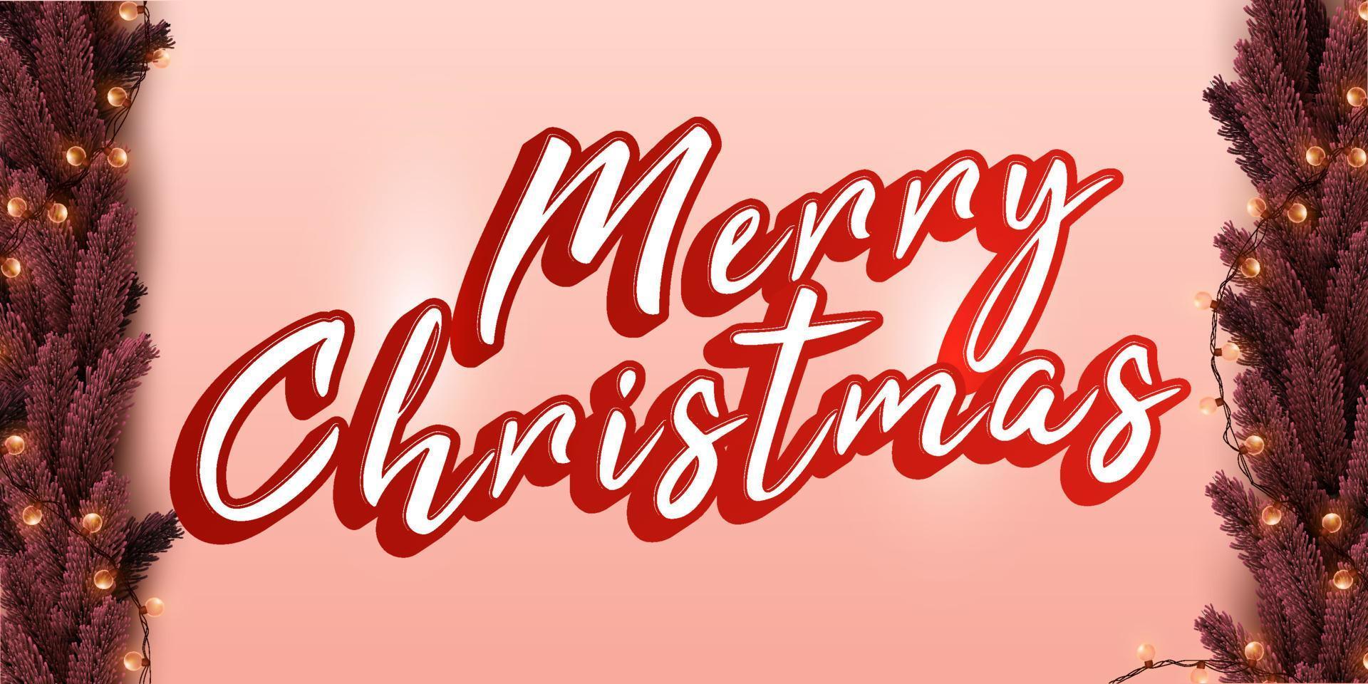 Feliz navidad texto 3d de dibujos animados, hojas de pino y bombillas sobre fondo rojo claro vector