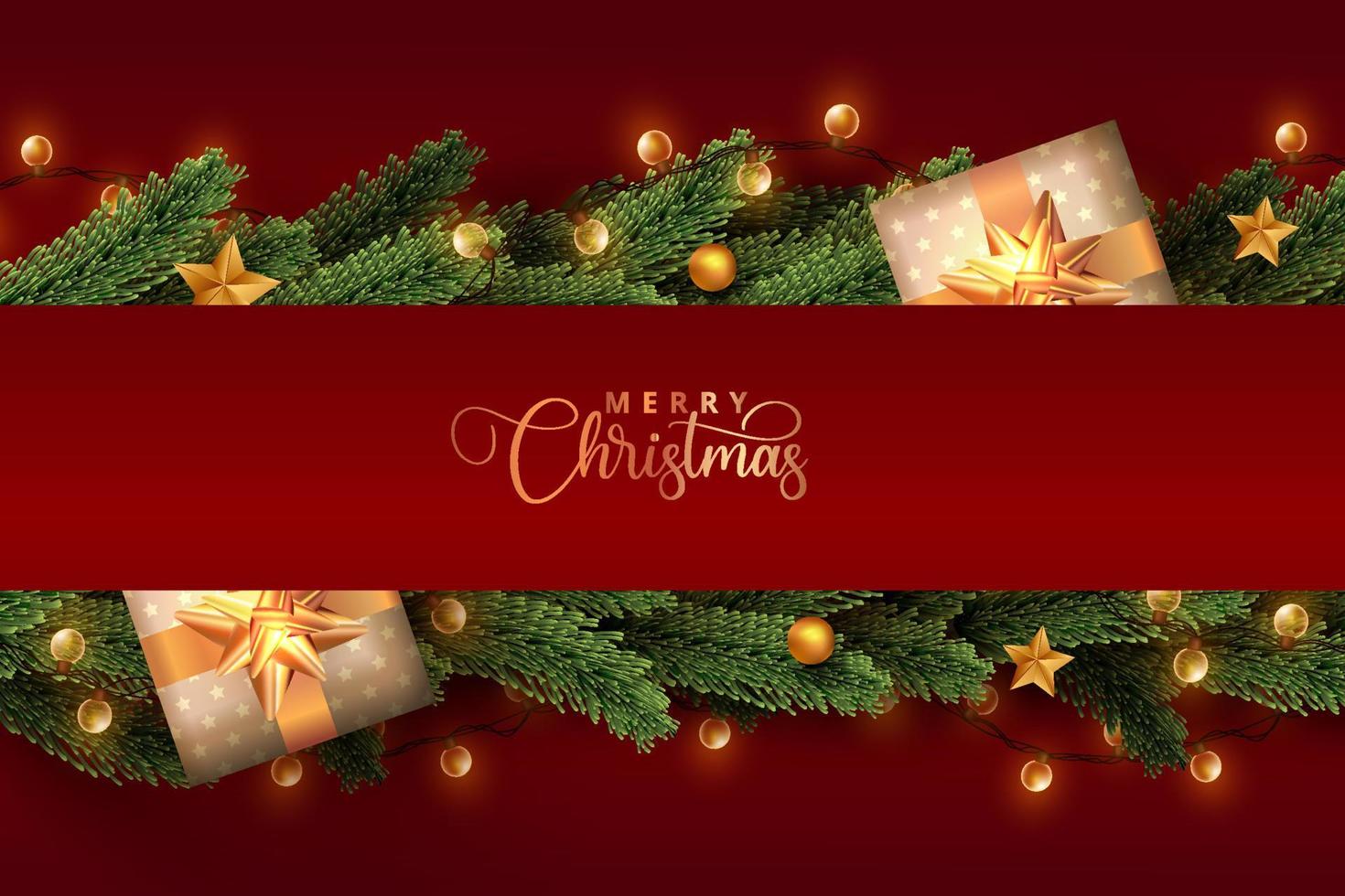 Shiny christmas lights wrapped in realistic pine tree leaves and gift boxes on red background. Merry christmas concept design. vector