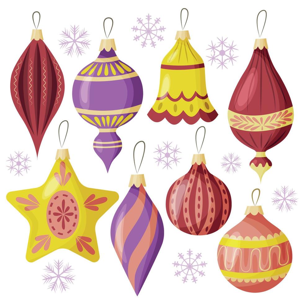 bolas de navidad y juguetes. diversas formas de adornos navideños. un conjunto de iconos de estilo de dibujos animados. vector