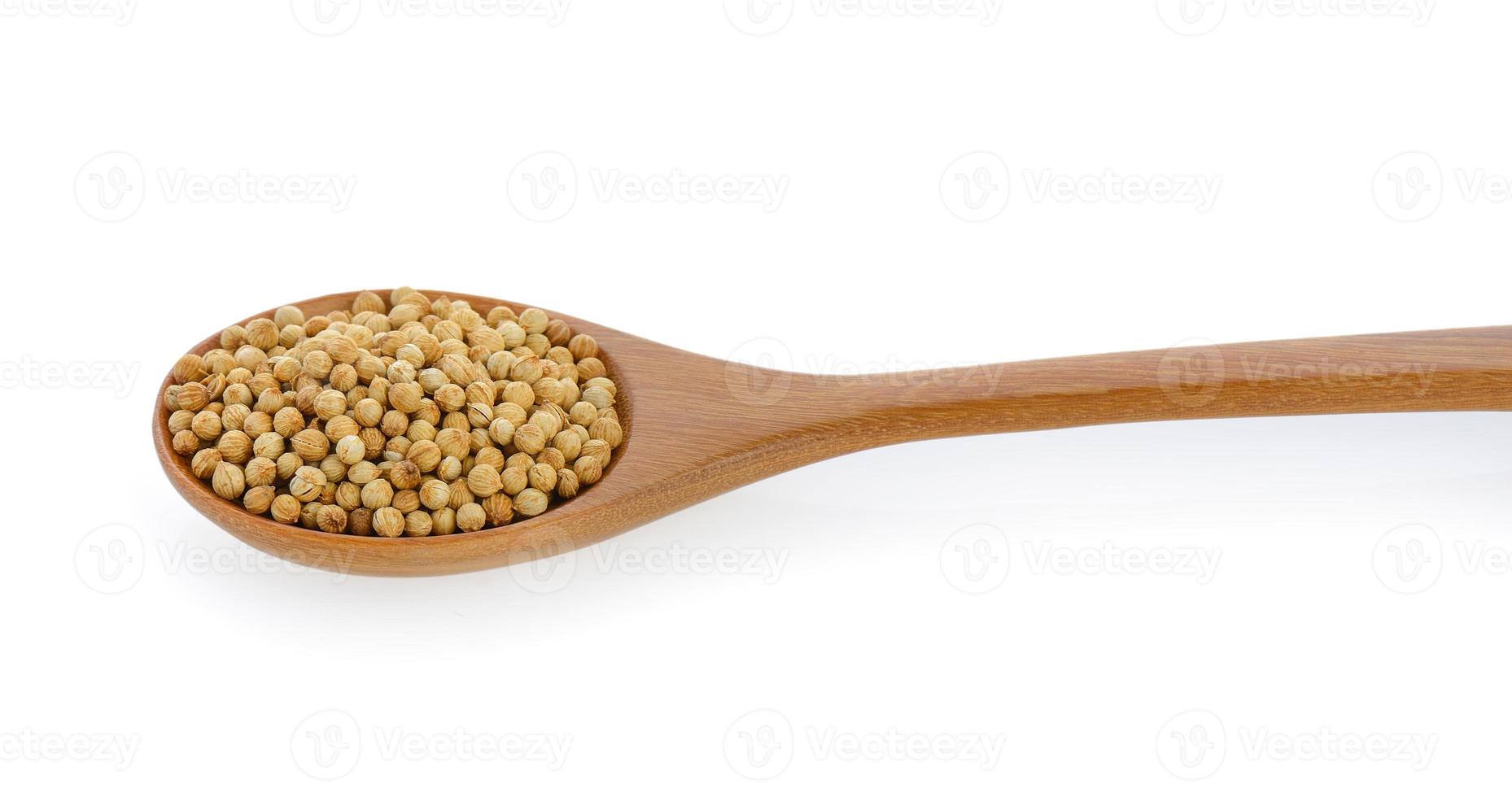 Coriander seeds in wood spoon on white background photo