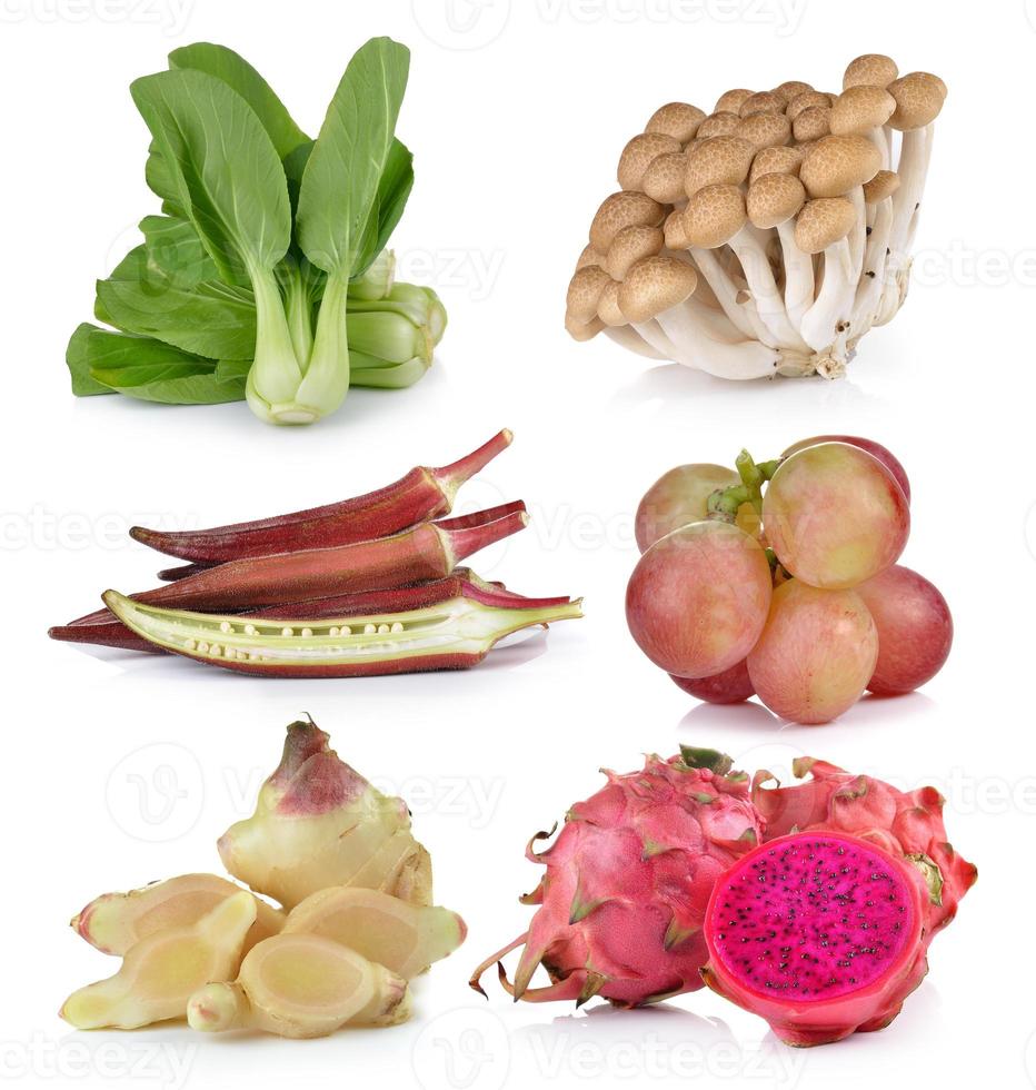 Bok choy,roselle, grapeginger, dragon fruit , mushrooms on white background photo