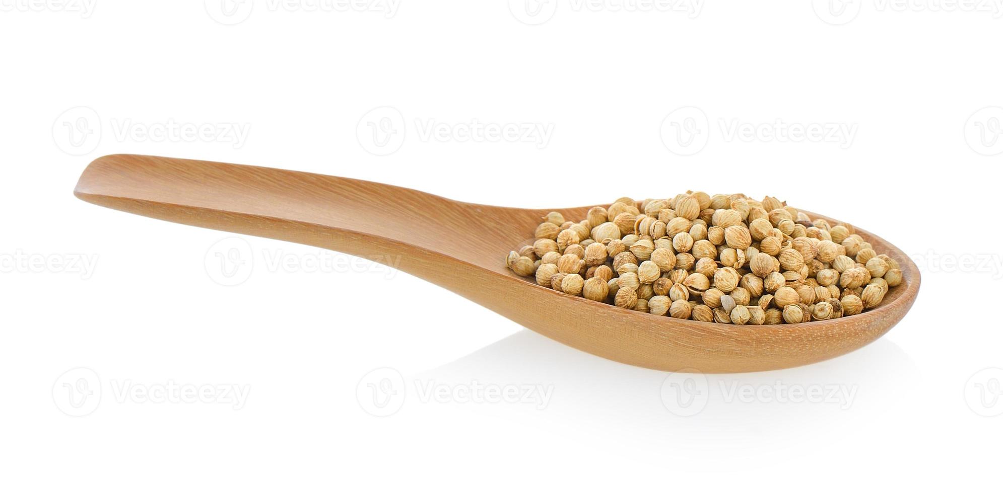 Coriander seeds in wood spoon on white background photo