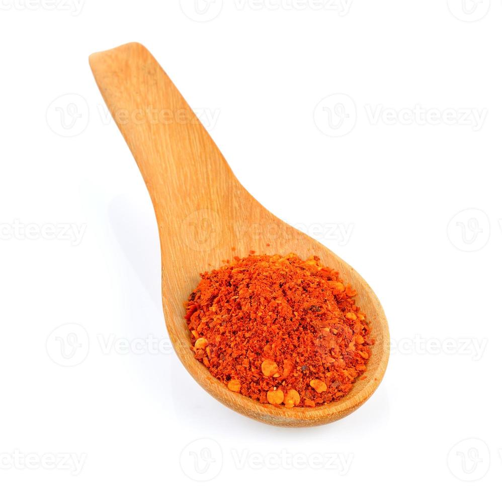 Cayenne pepper in wood spoon on white background photo
