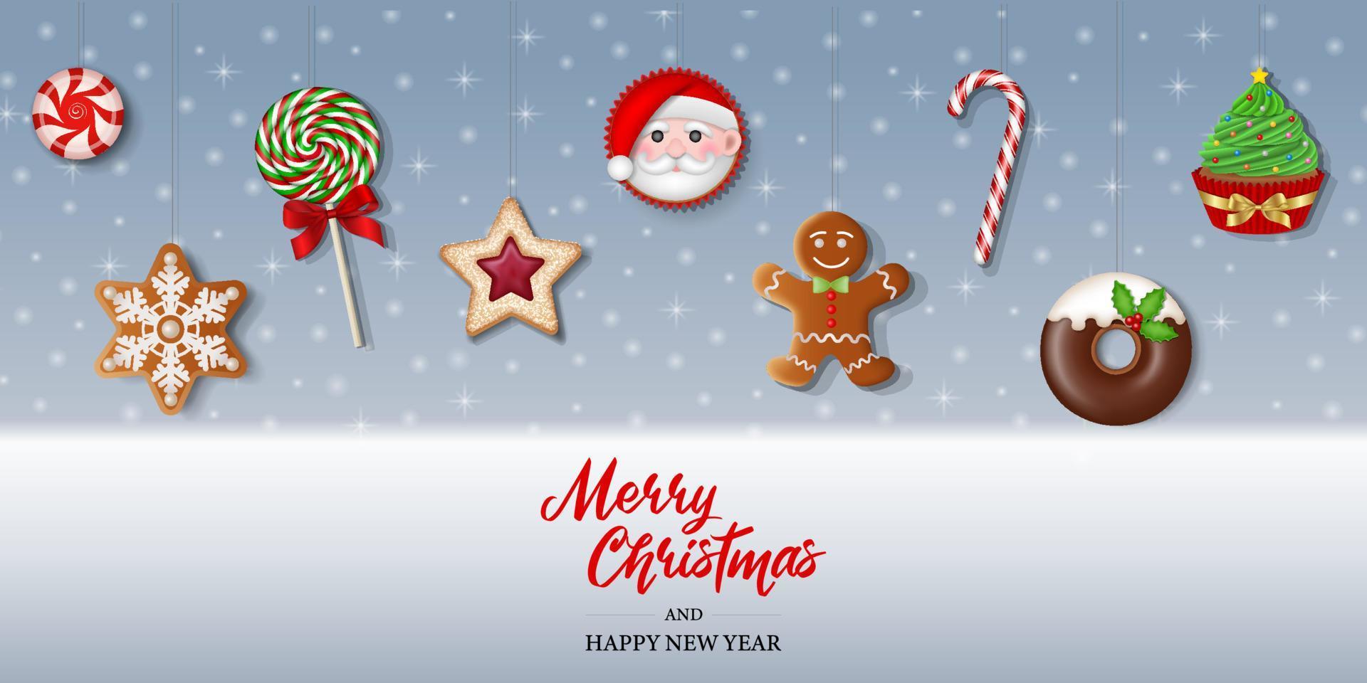 Christmas background with cookies, candies and cakes on snowy landscape vector