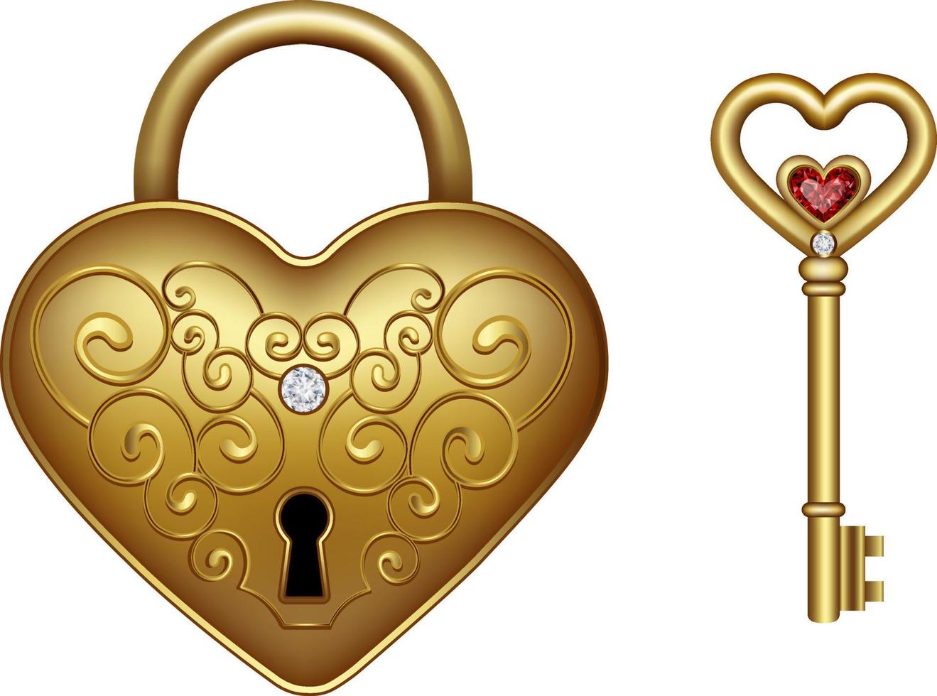 gold heart shaped padlock and key vector