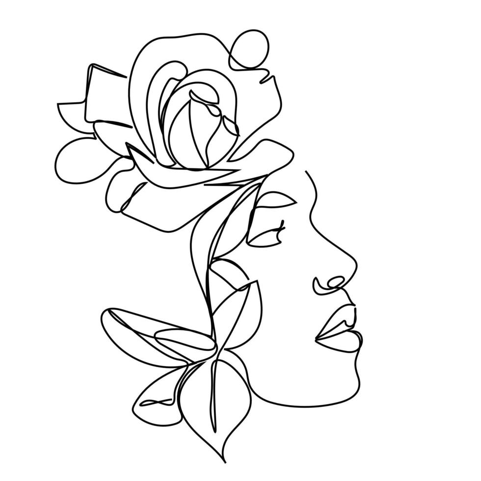 woman face single line drawing with flowers continuous line art a bouquet of flowers in a woman's head, single line art natural cosmetics simple black and white painting artwork vector