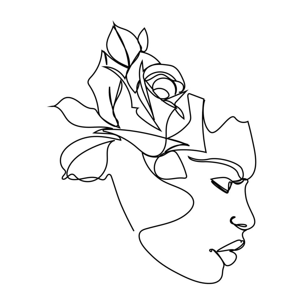 woman face single line drawing with flowers continuous line art a bouquet of flowers in a woman's head, single line art natural cosmetics simple black and white painting artwork vector