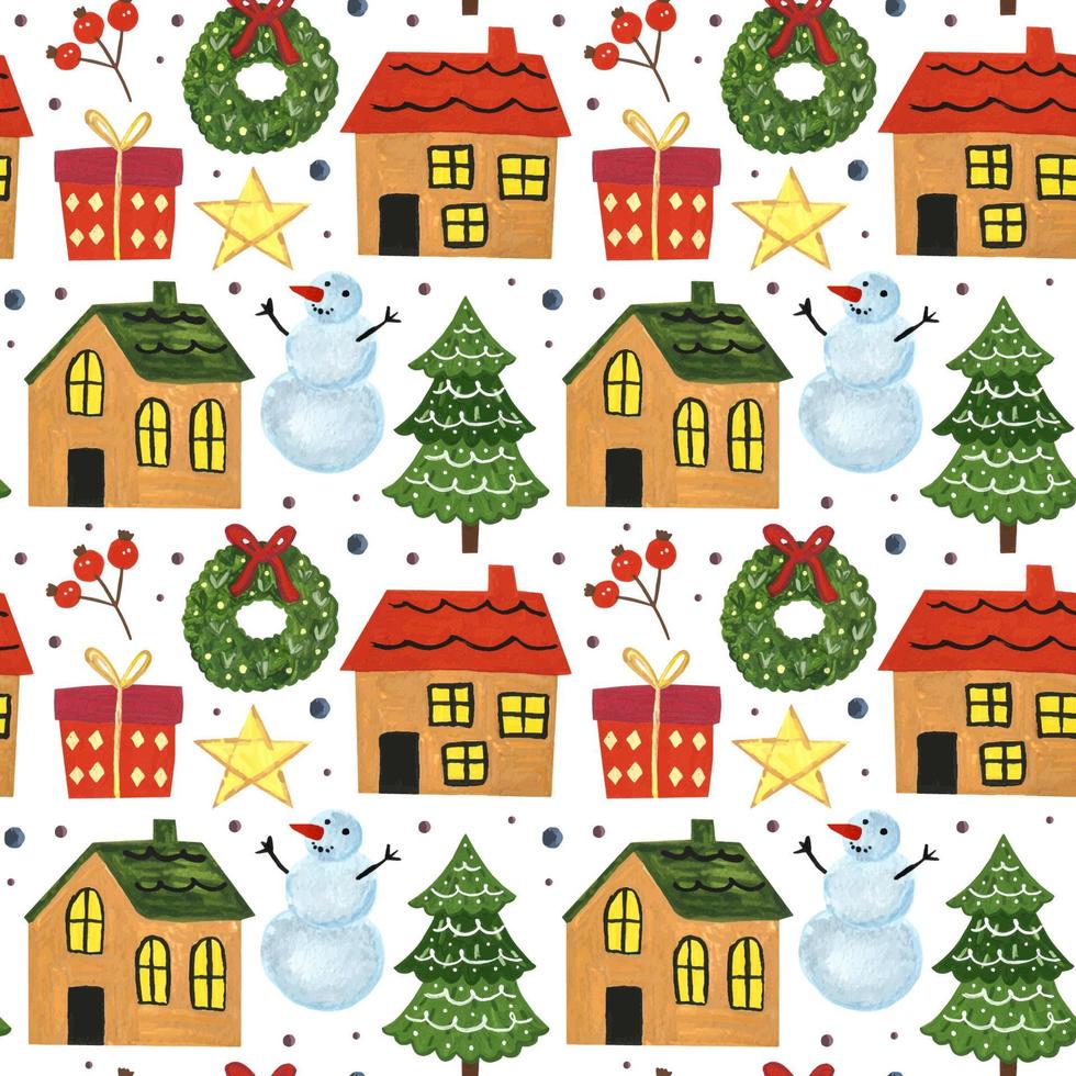 Winter holiday hand drawn seamless pattern background Merry Christmas and Happy New Year house snowman christmas tree wreath present herbs decor star wrapping paper packaging design vector