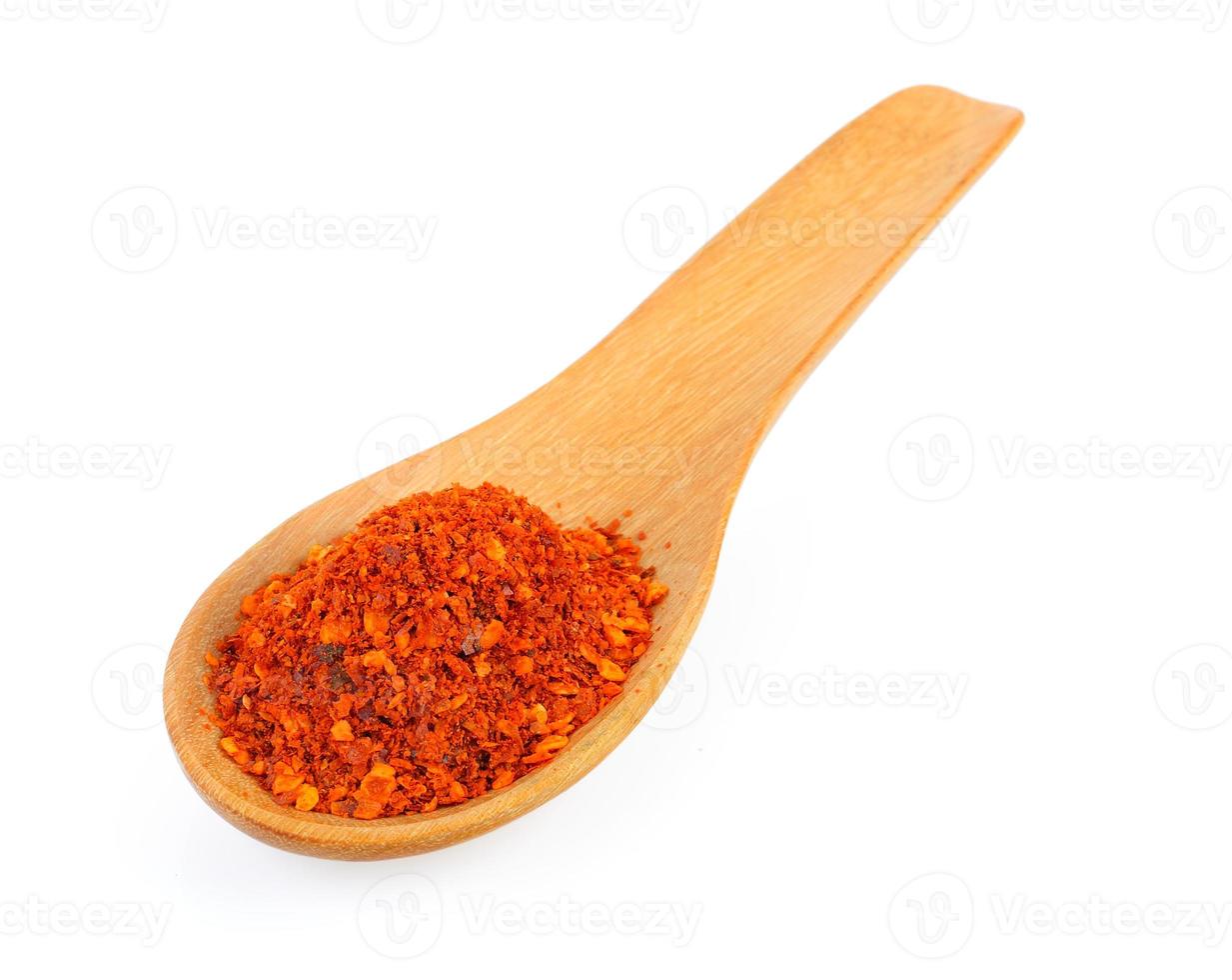 Cayenne pepper in wood spoon on white background photo