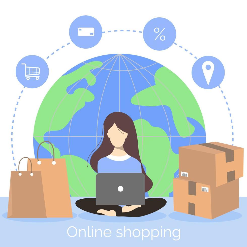 el concepto de compras en línea, mujer con laptop sentada en el contexto del mundo. entrega mundial de pedidos online. ilustración vectorial vector