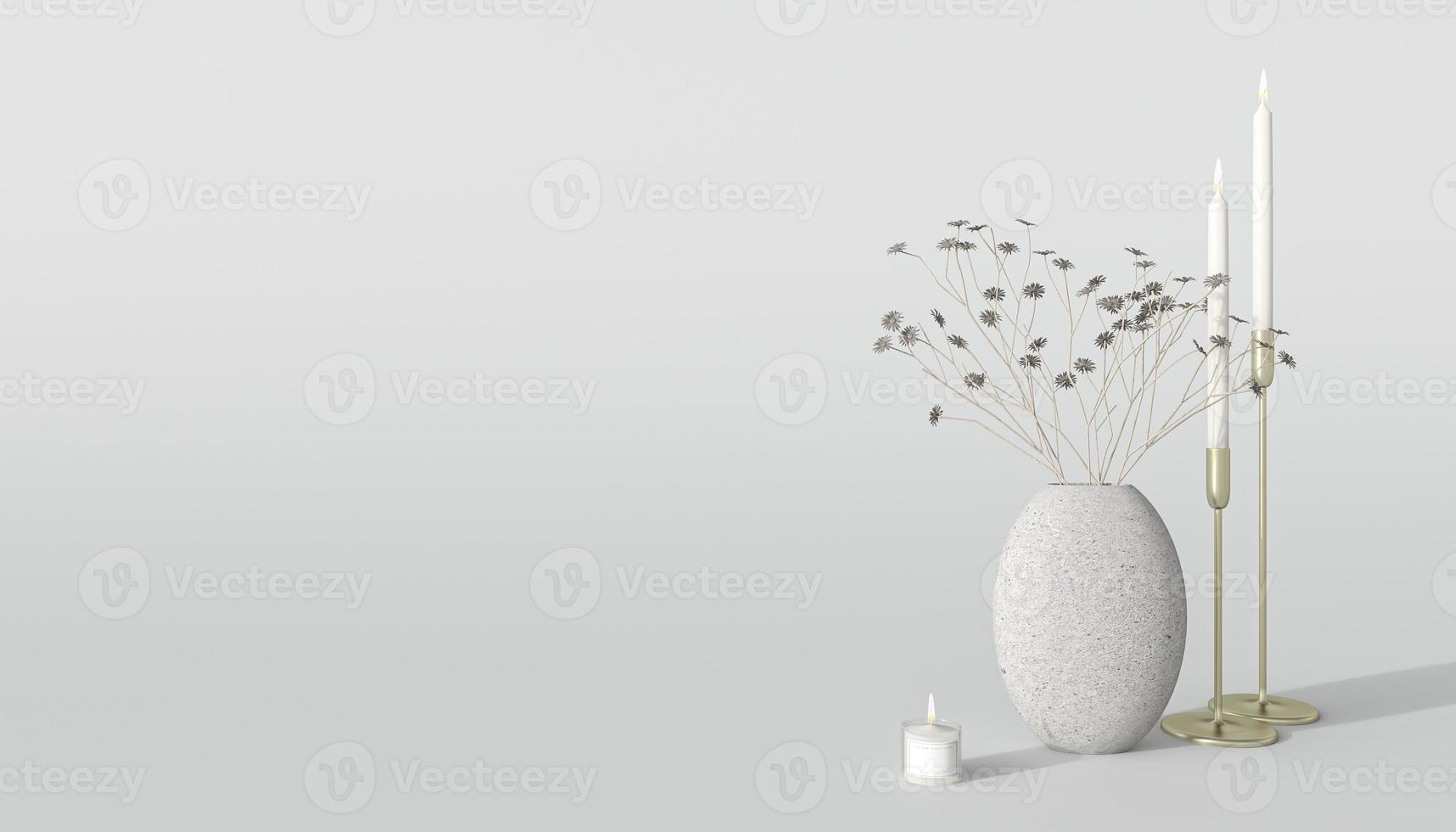 Minimal background decor with vase, candles and dry flower. Mockup scene with empty space. 3d render illustration for branding product presentation. photo