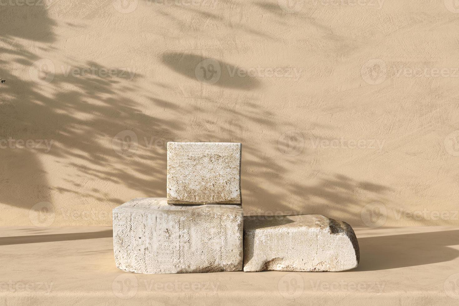 Beige stone podium display. Platform for product brand presentation cosmetic. Scene with sunshade shadow of background. 3d rendering illustration. photo