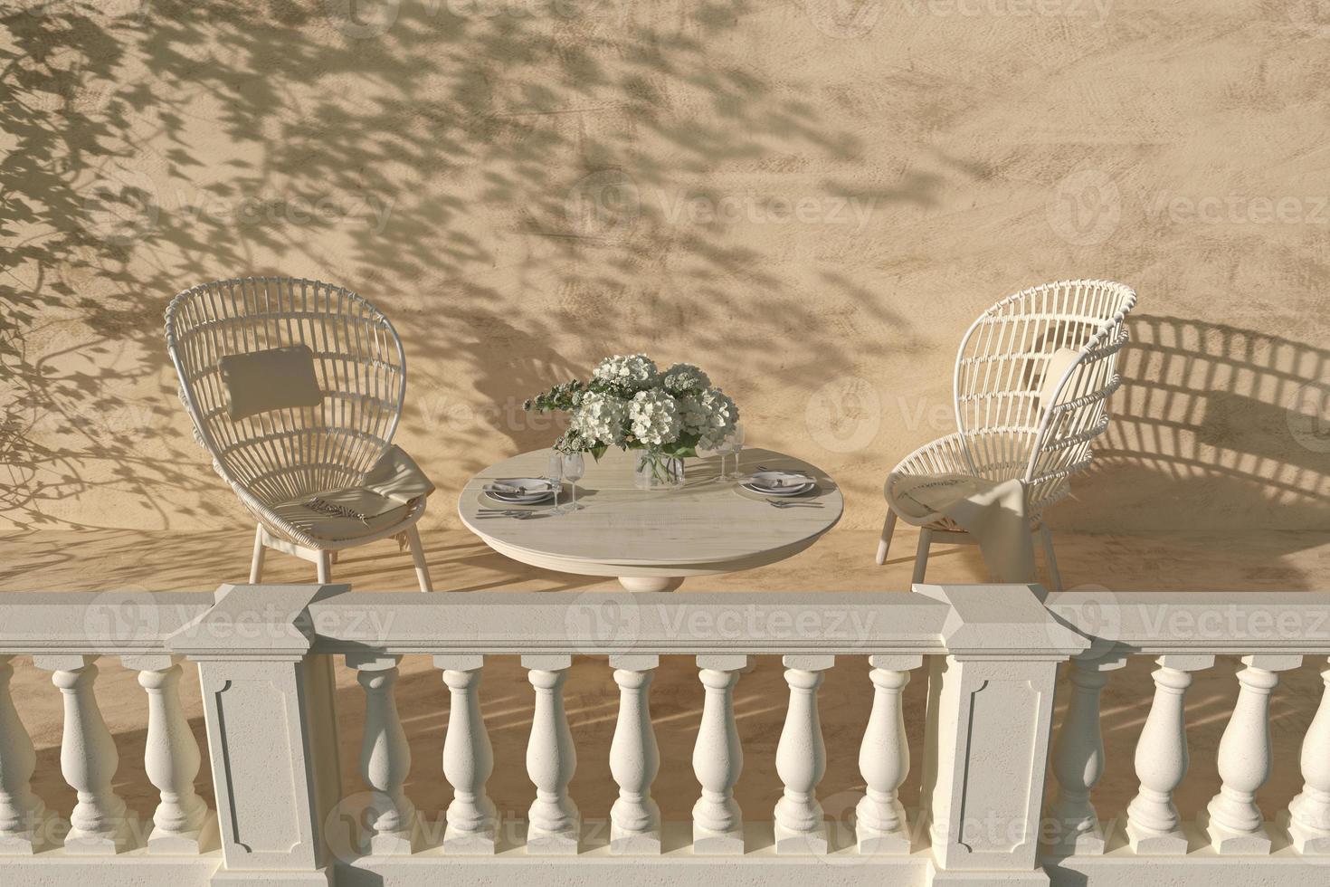 Modern interior design outdoor terrace on classic balcony. Wooden armchair and table in scandinavian style. 3d rendering illustration. photo